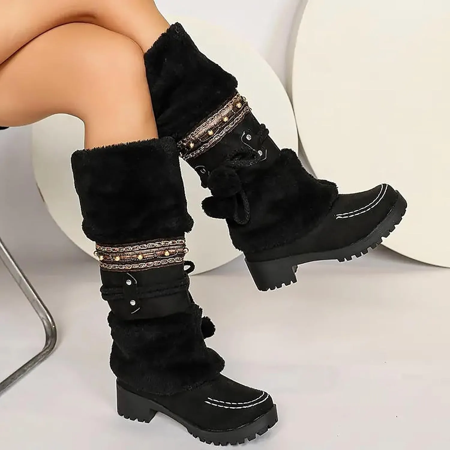 Women's Winter Boots Fleece Lined Warm Snow Boots Middle Heel Non Slip Mid Calf Boots Stylish Winter Boots