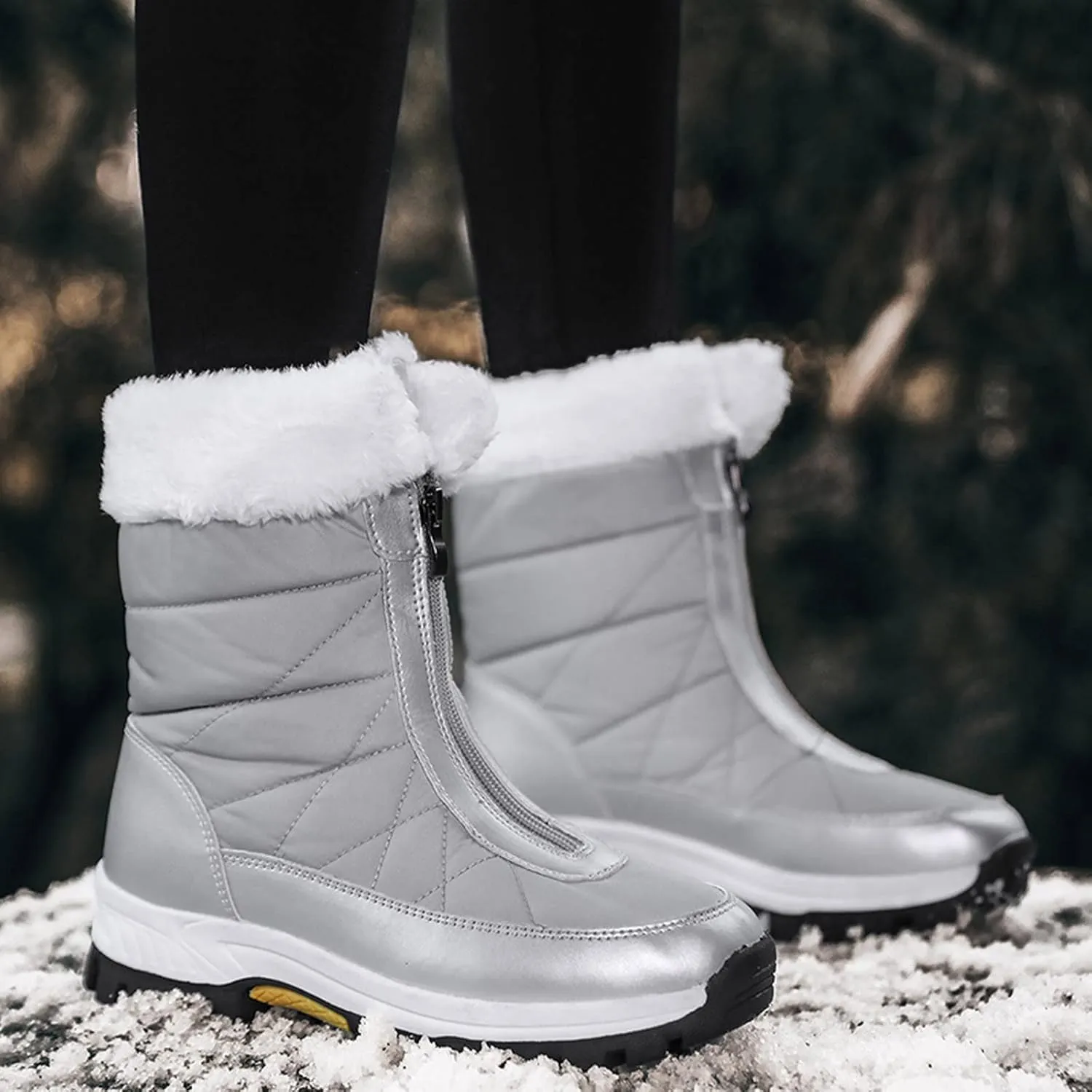 Zipper Mid Calf Snow Boots for Women Fleece Lined Warm Water Proof Boots Thick Bottom Non Slip Winter Snow Boots