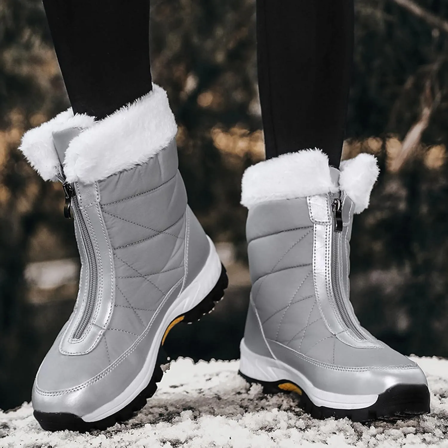 Zipper Mid Calf Snow Boots for Women Fleece Lined Warm Water Proof Boots Thick Bottom Non Slip Winter Snow Boots