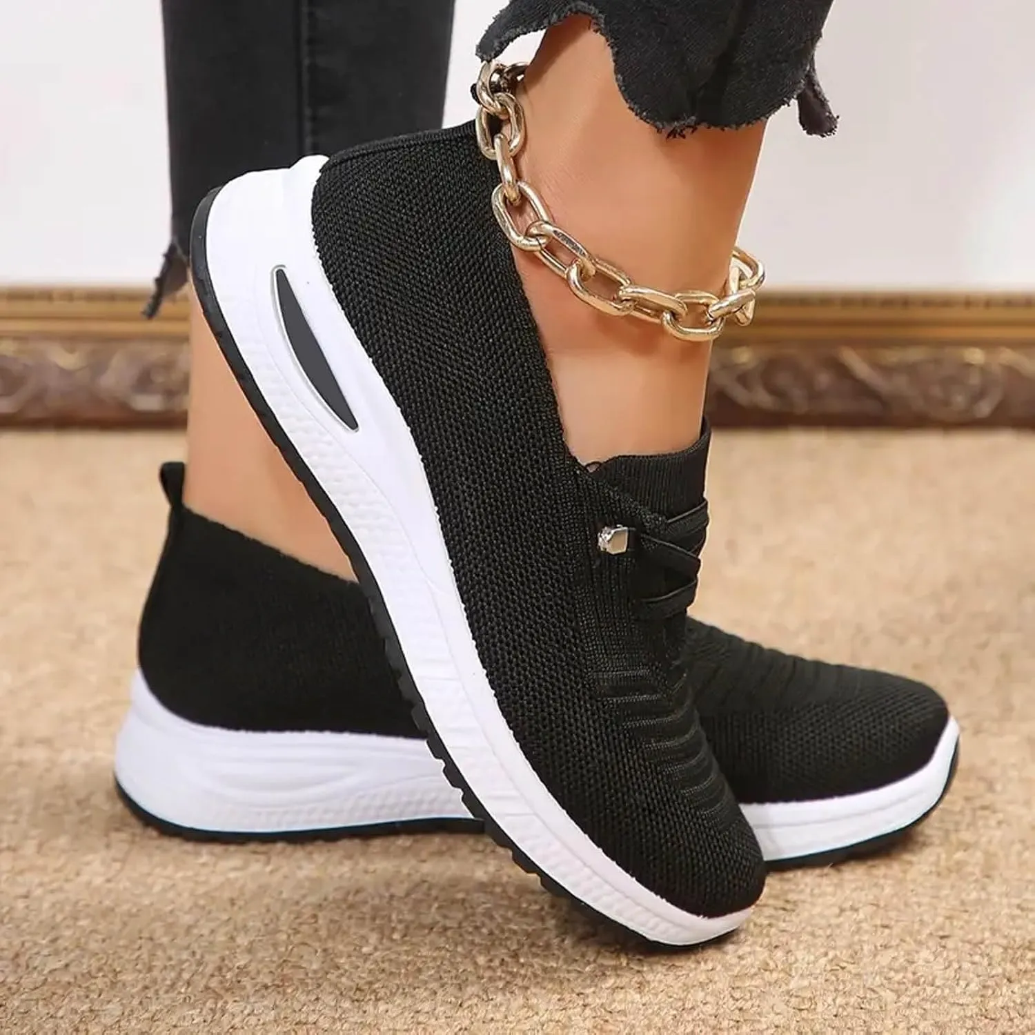 ZWRXW Women's Comfortable Walking Shoes Slip On Orthopedic Sneakers Breathable Mesh Knitted Woven Arch Support Non-Slip Shoes Tennis Athletic Casual Lightweight Wide Width Soft Shoe
